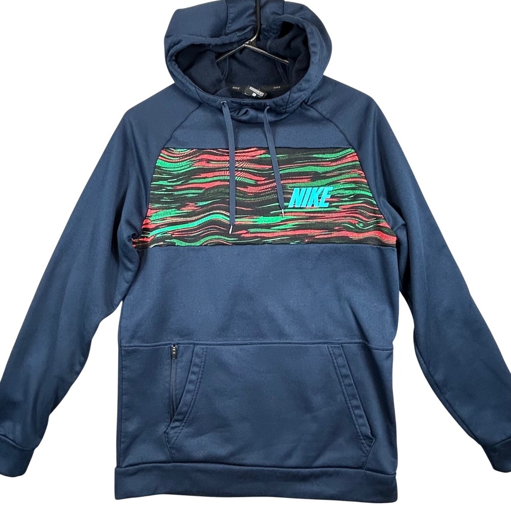 Nike Dri Fit Mens Navy Blue Graphic Stripe Hoodie Standard Fit Size S Neon Rasta